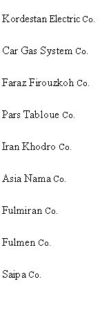 Text Box: Kordestan Electric Co.Car Gas System Co.Faraz Firouzkoh Co.Pars Tabloue Co.Iran Khodro Co.Asia Nama Co.Fulmiran Co.Fulmen Co.Saipa Co.